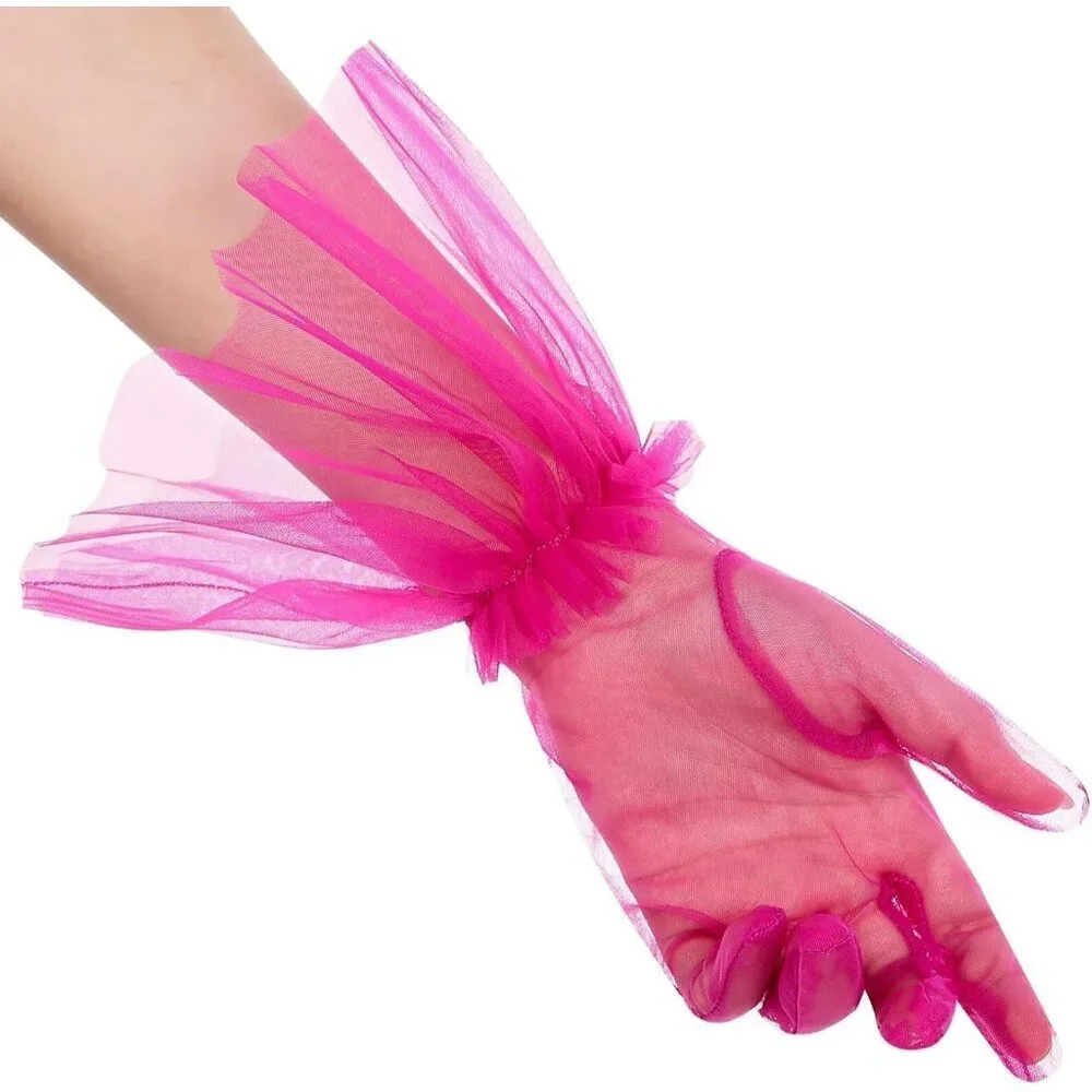 Women's Puffy Ruffle Hot Pink Tulle Sheer Mesh Party Prom One Size Short Gloves